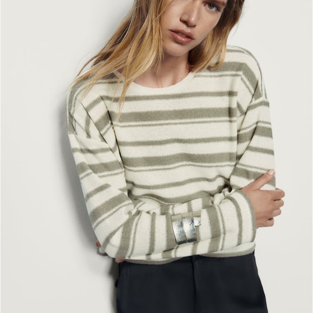 Zara Olive Green and Cream Striped Sweater
